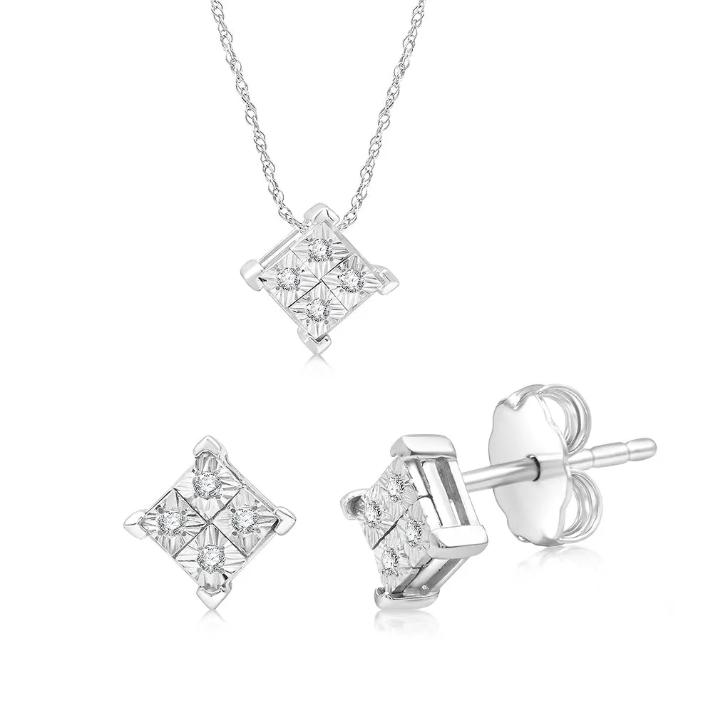 1/10 Carat Diamond Earrings and Pendant Set on 45cm Chain in Sterling Silver
