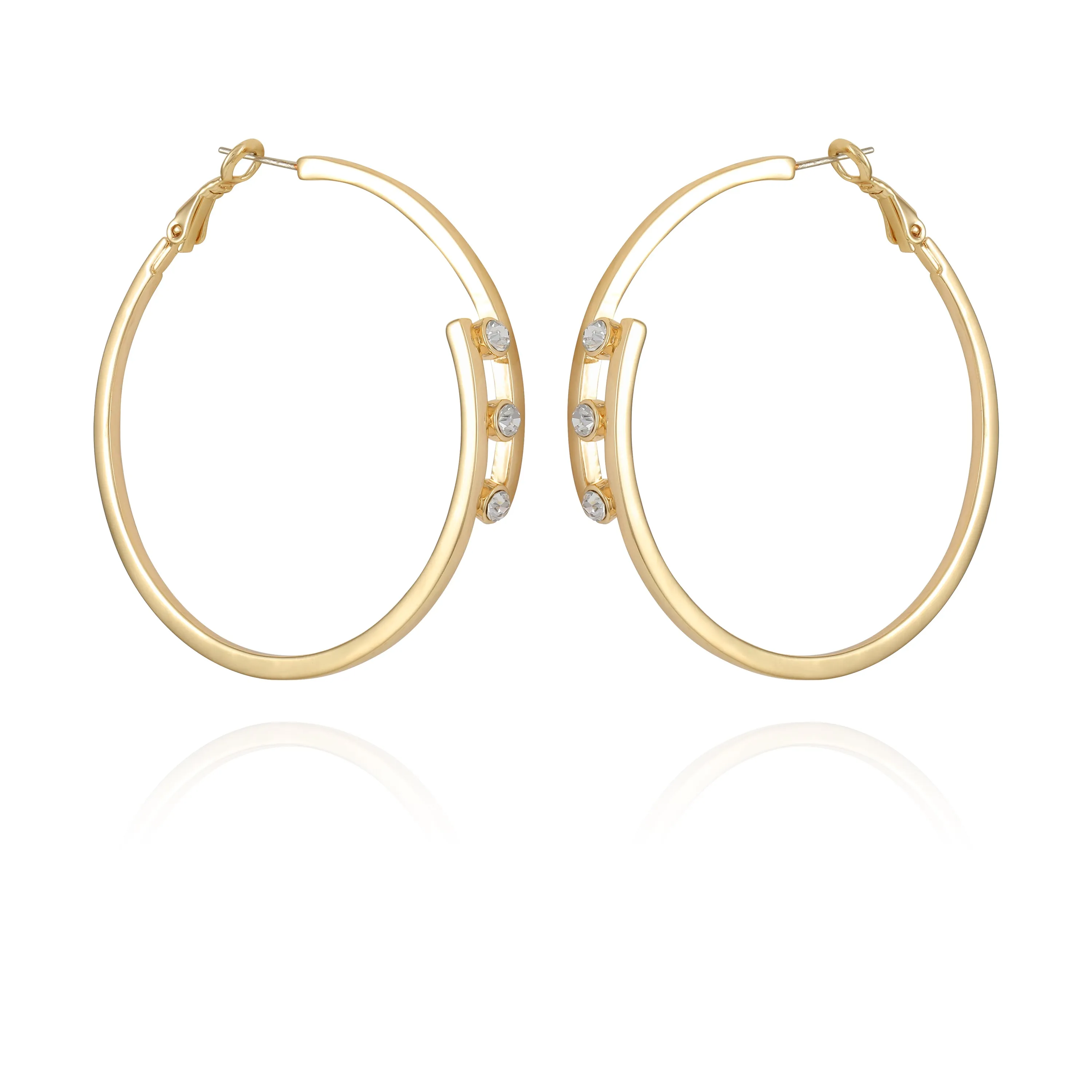 14K Goldtone Tri-Crystal Stone Hoop Earring