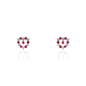 14k Yellow Gold Open Heart Earrings With Alternating Pointy Pink and White CZ Stones