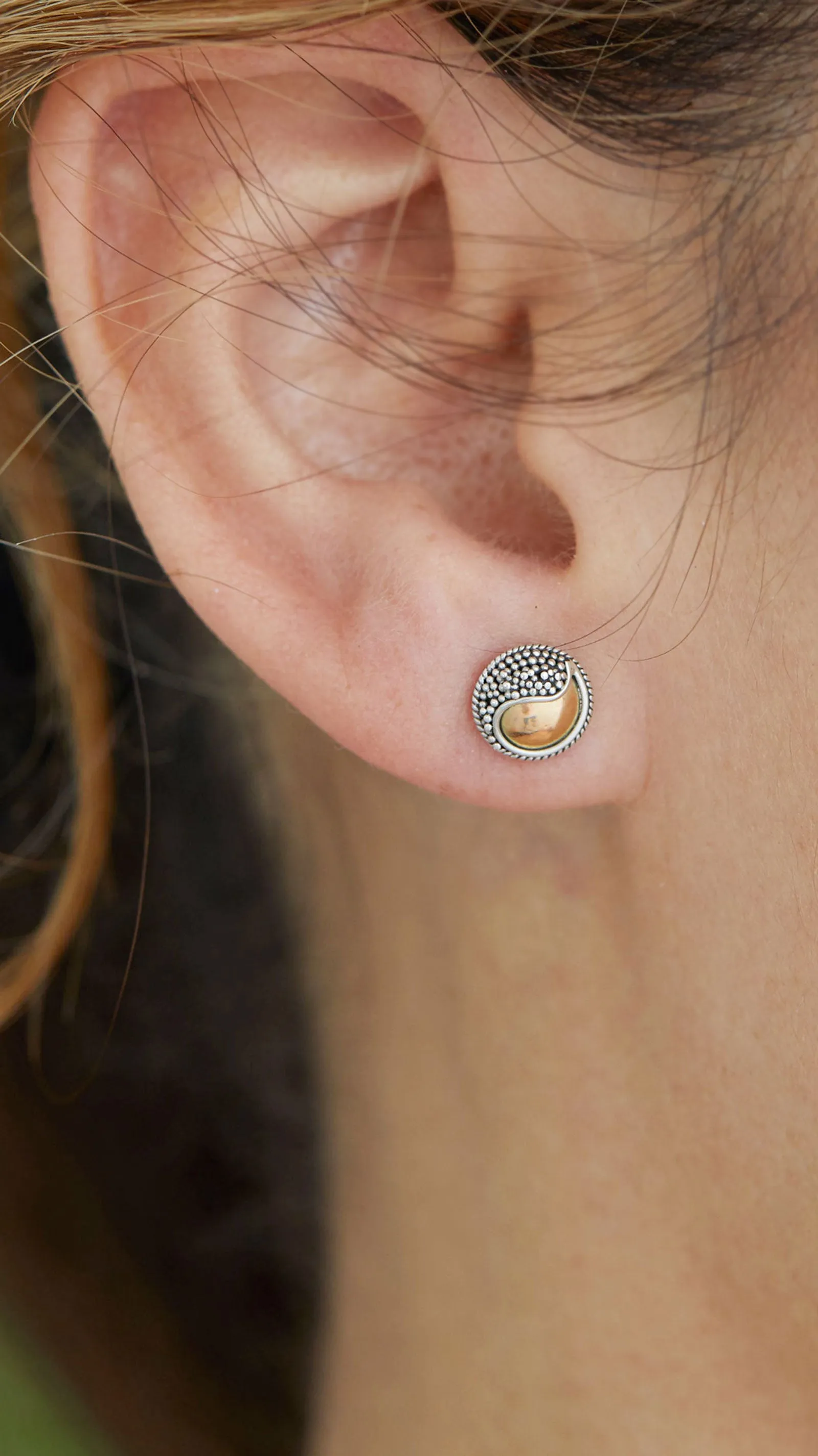 18K Gold  & Sterling  Bali Ying Yang Stud Earrings