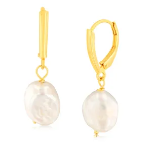 9.5mm-10.5mm White Fresh Water Pearl Drop Earrings in Gold Plated Sterling Silver