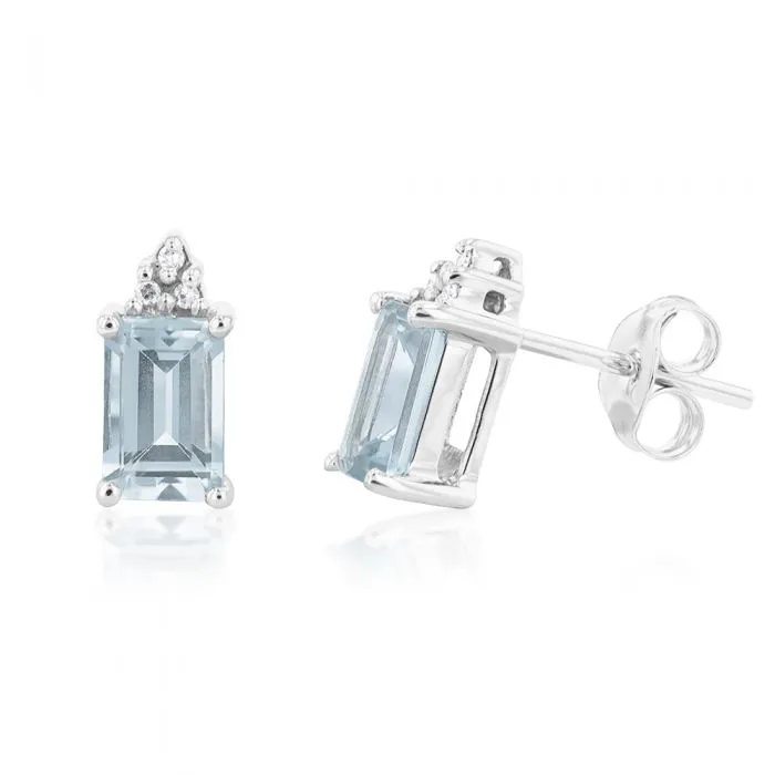 9ct White Gold Aquamarine Emerald Cut and Diamond Stud Earrings