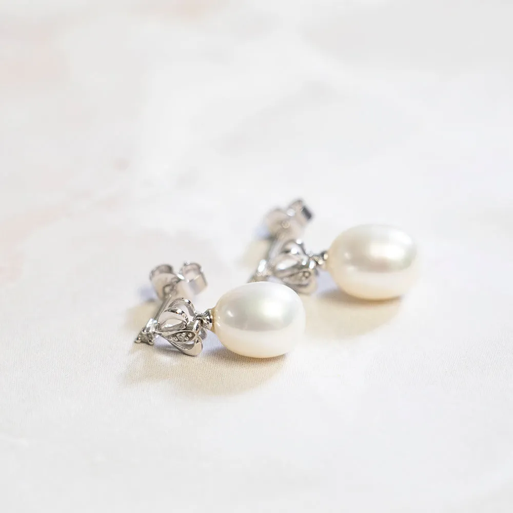 9ct White Gold Pearl and Diamond Earrings