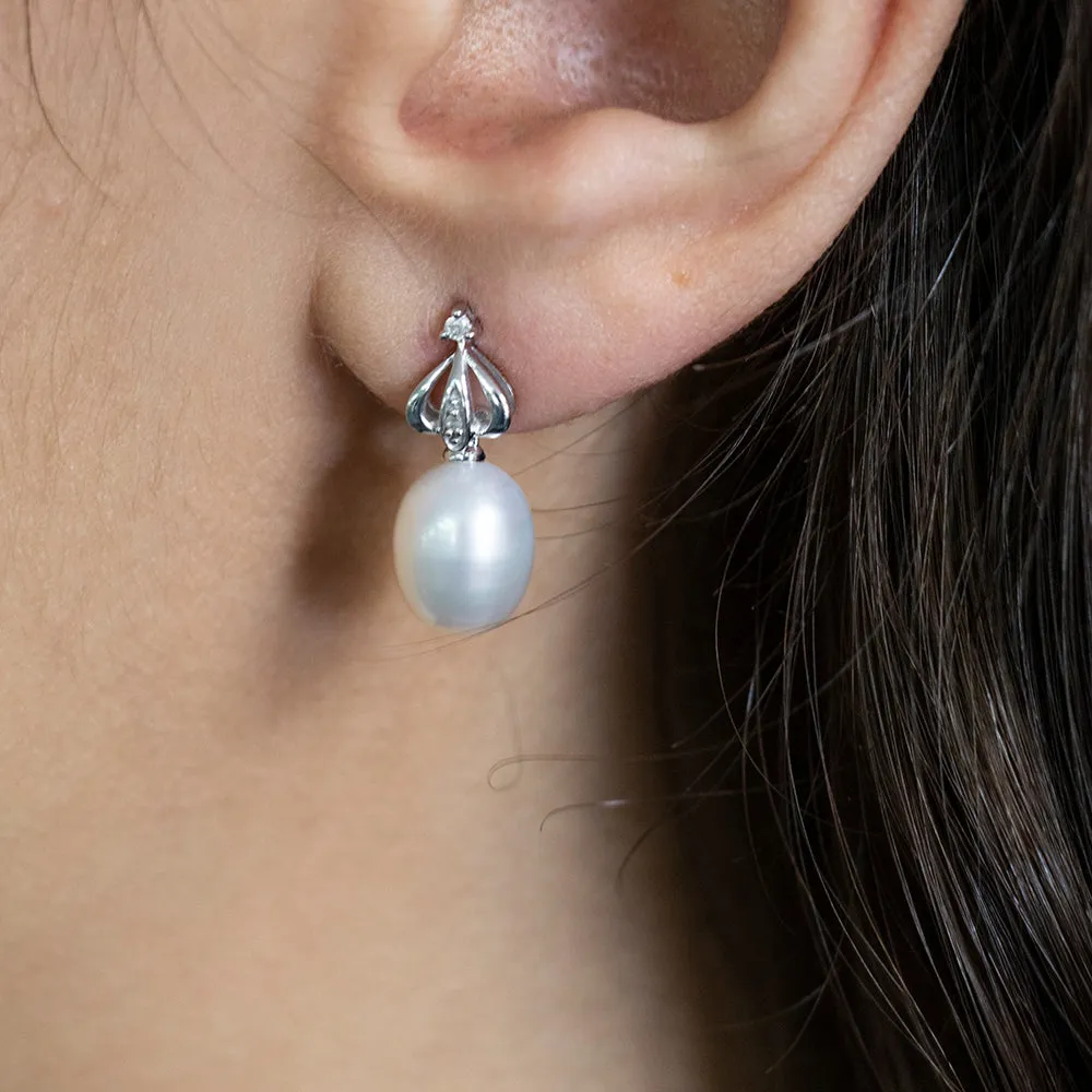 9ct White Gold Pearl and Diamond Earrings