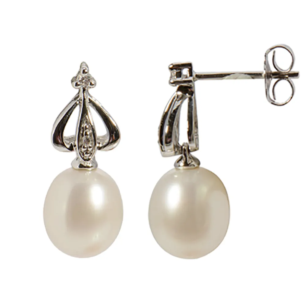 9ct White Gold Pearl and Diamond Earrings