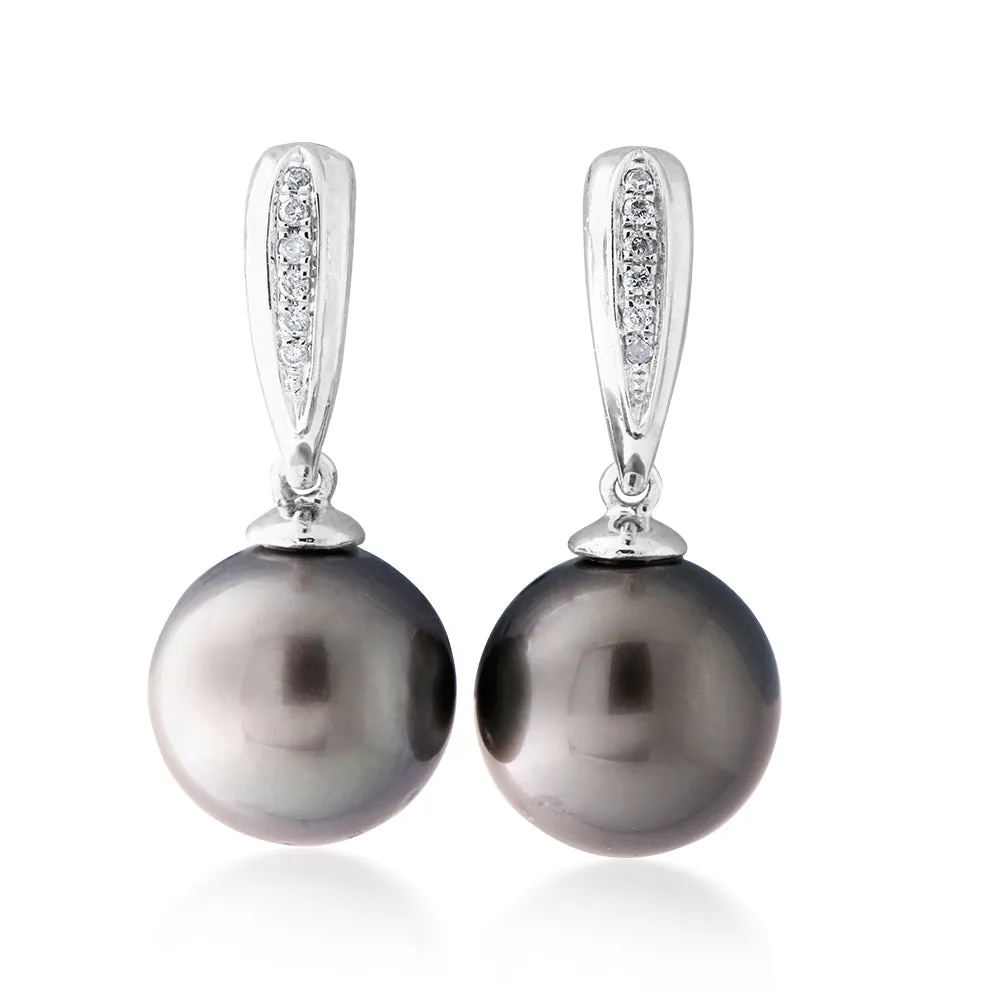 9ct White Gold Tahitian Pearl & Diamond  Drop Earrings