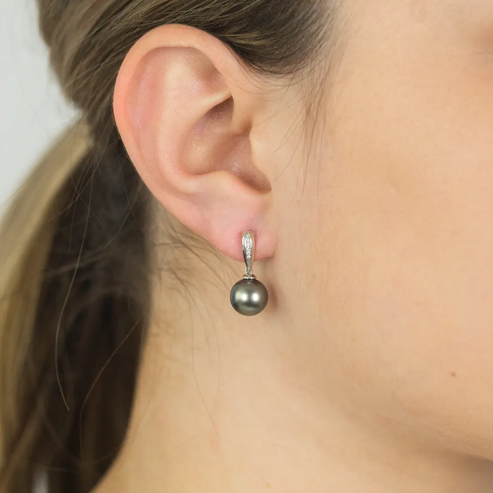 9ct White Gold Tahitian Pearl & Diamond  Drop Earrings