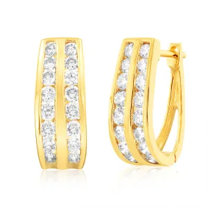 9ct Yellow Gold 1 Carat Diamond TW 2 Row Hoop Earrings