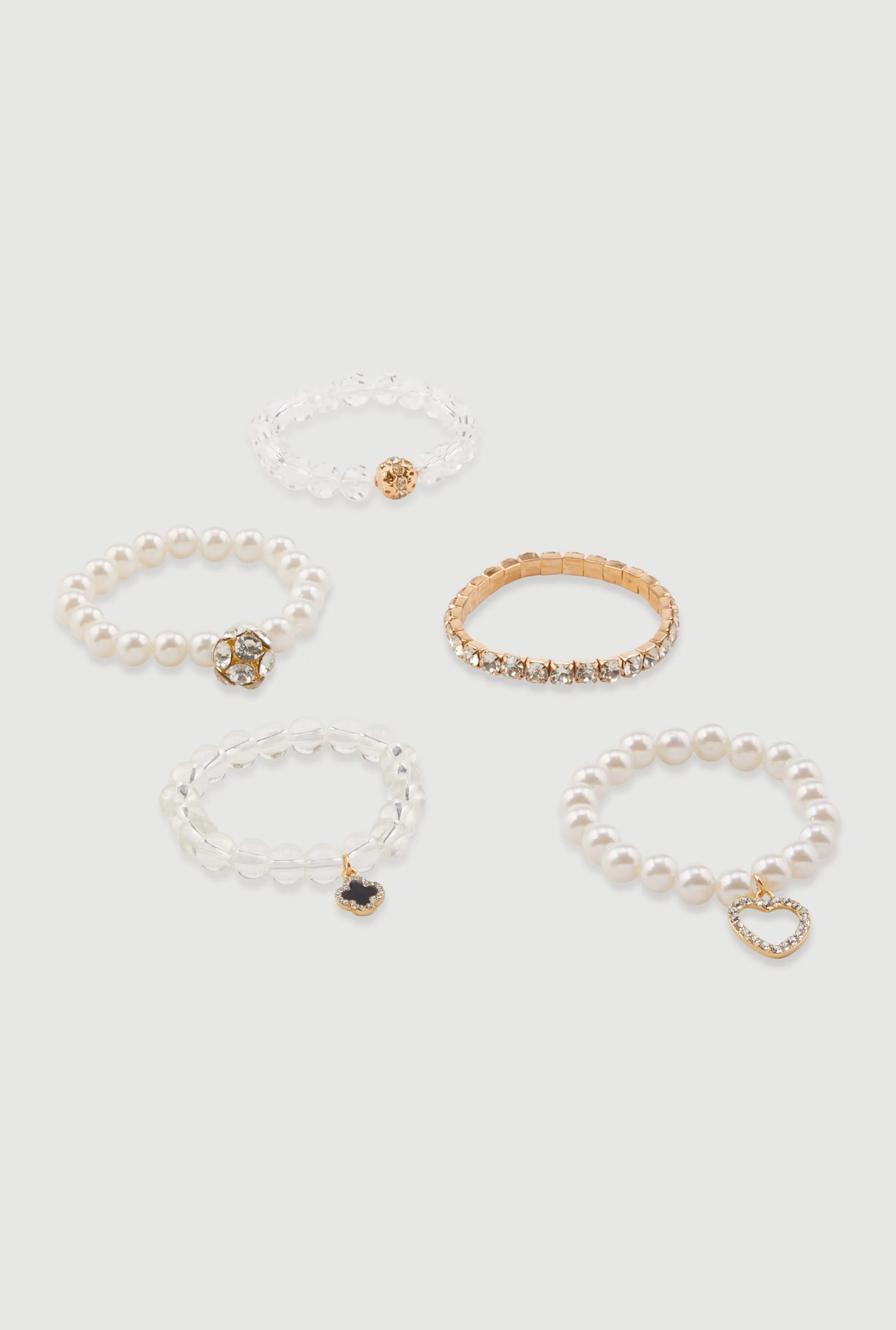 Assorted Faux Pearl Beaded Charm Stretch Bracelets Set of 5