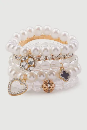 Assorted Faux Pearl Beaded Charm Stretch Bracelets Set of 5