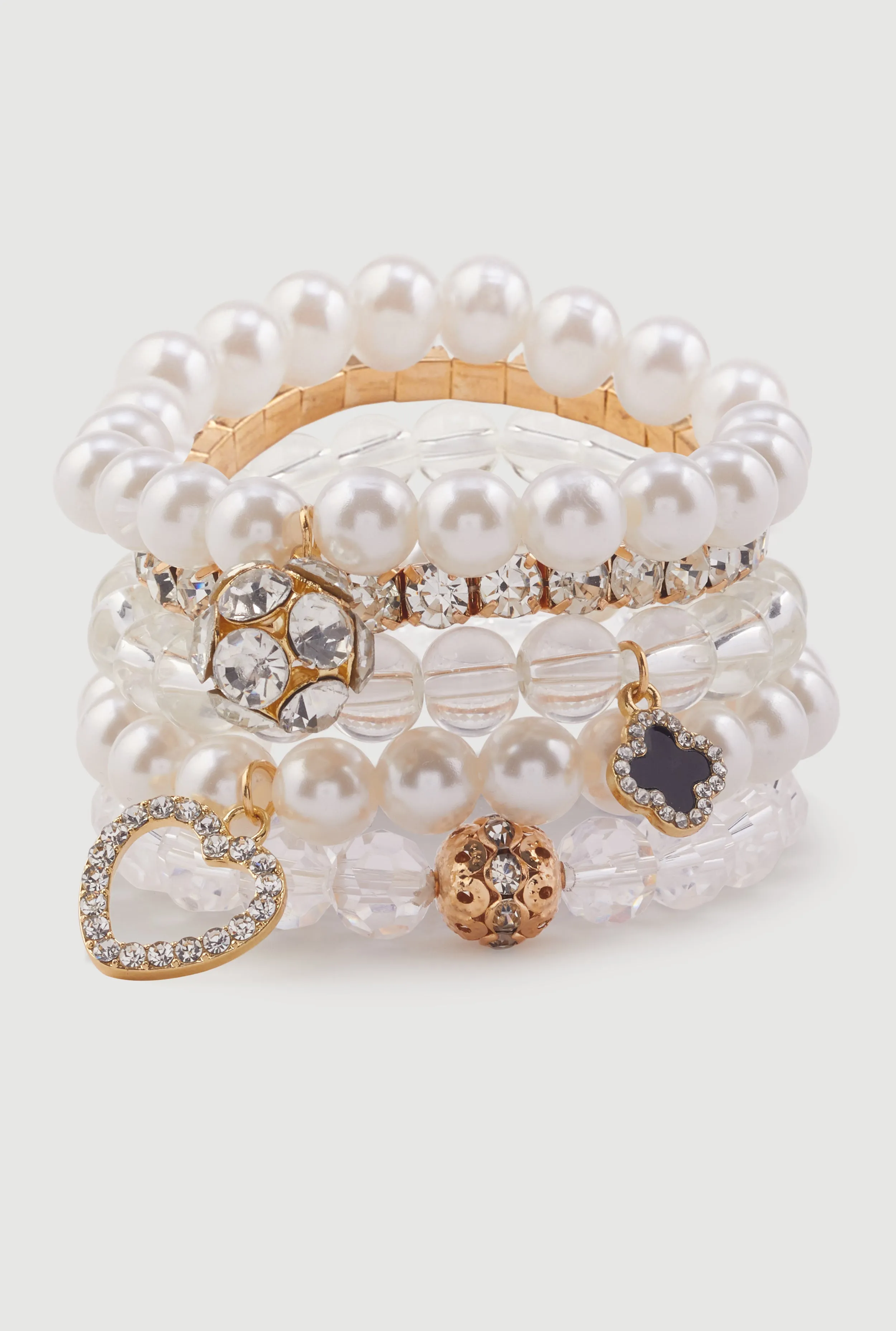 Assorted Faux Pearl Beaded Charm Stretch Bracelets Set of 5
