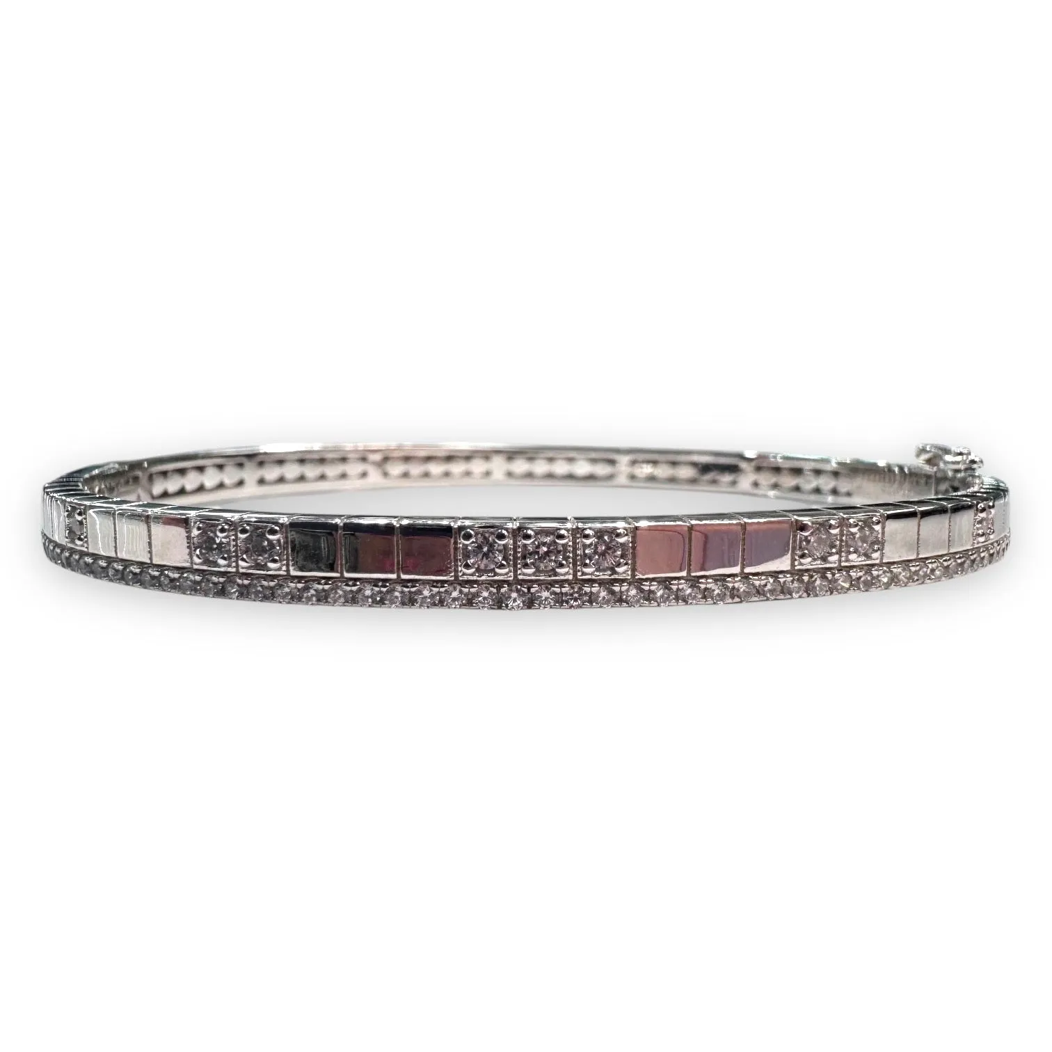 Bangle with CZs & Box Design and CZ Border On one Side - Gold or Silver