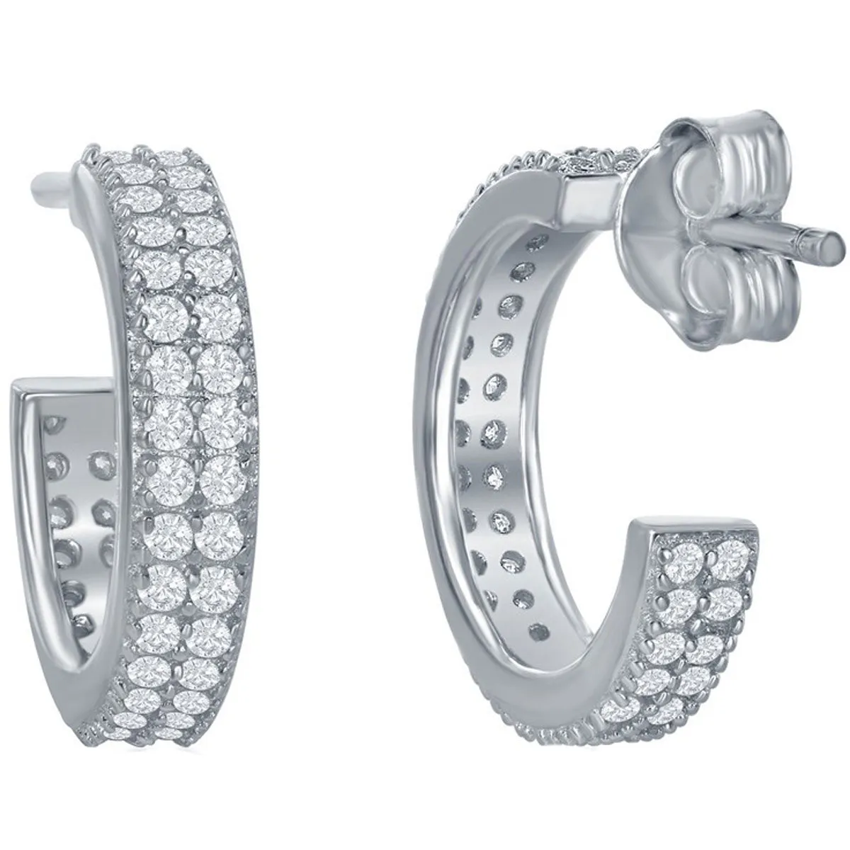 Classic Women's Earrings - Sterling Silver Micro Pave 15mm Double Row CZ Hoop | D-6088