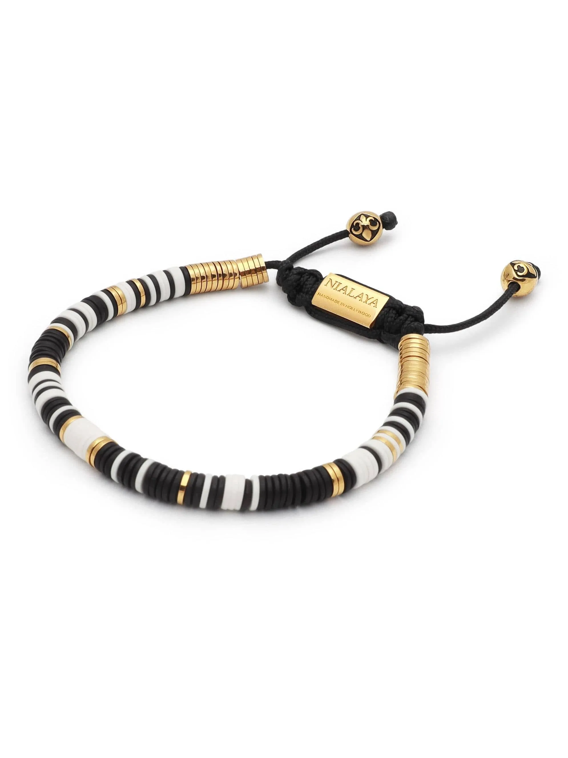 Men's Beaded Bracelet with Black and White Disc Beads and Gold