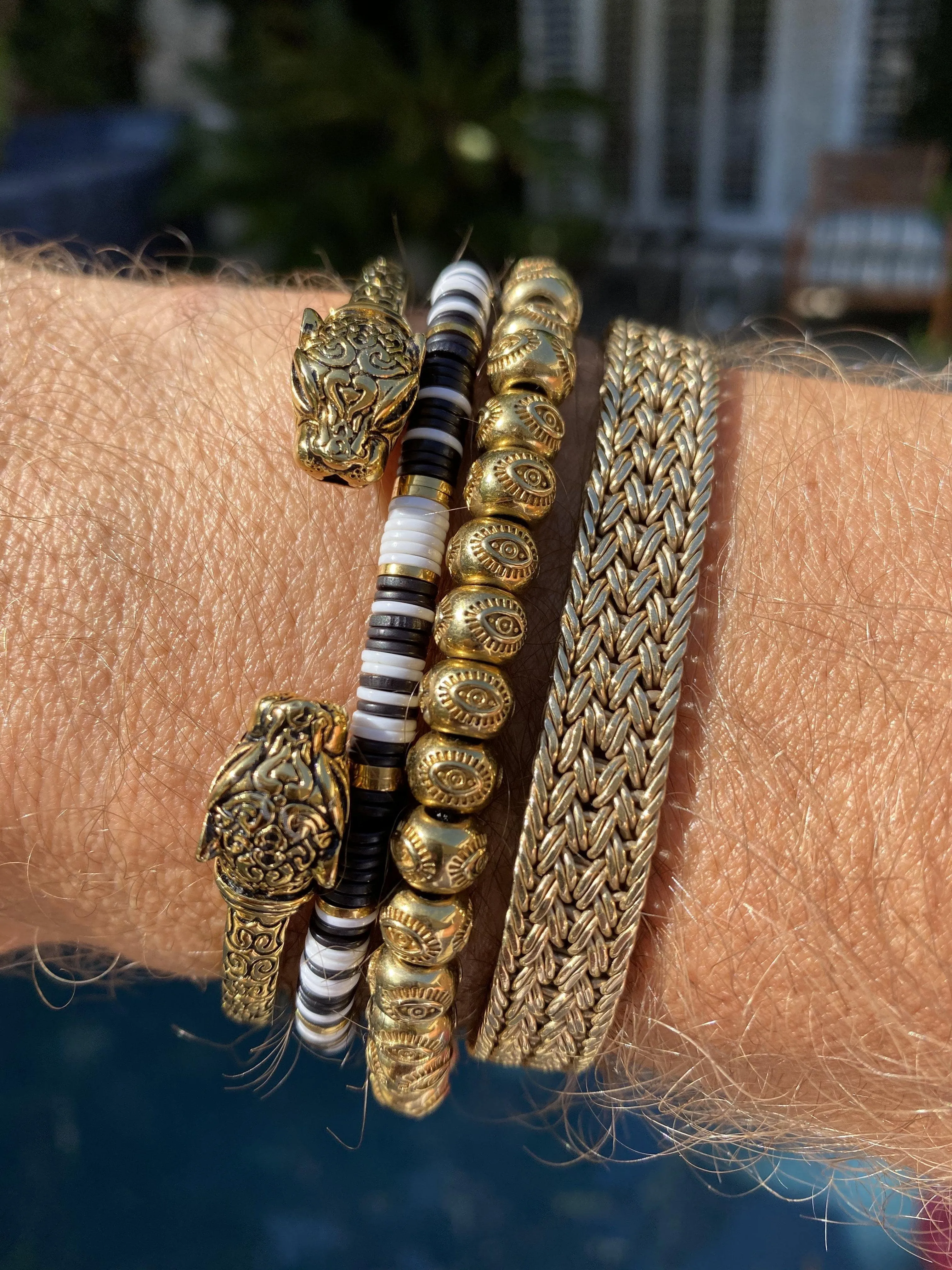 Men's Beaded Bracelet with Black and White Disc Beads and Gold