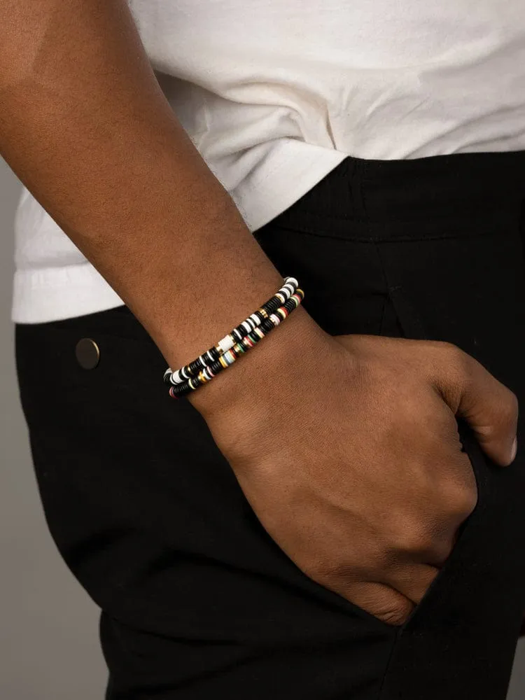 Men's Beaded Bracelet with Black and White Disc Beads and Gold