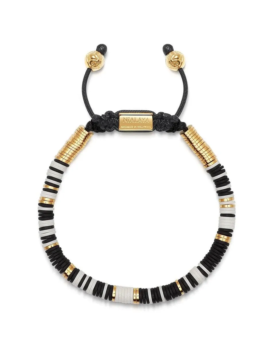 Men's Beaded Bracelet with Black and White Disc Beads and Gold