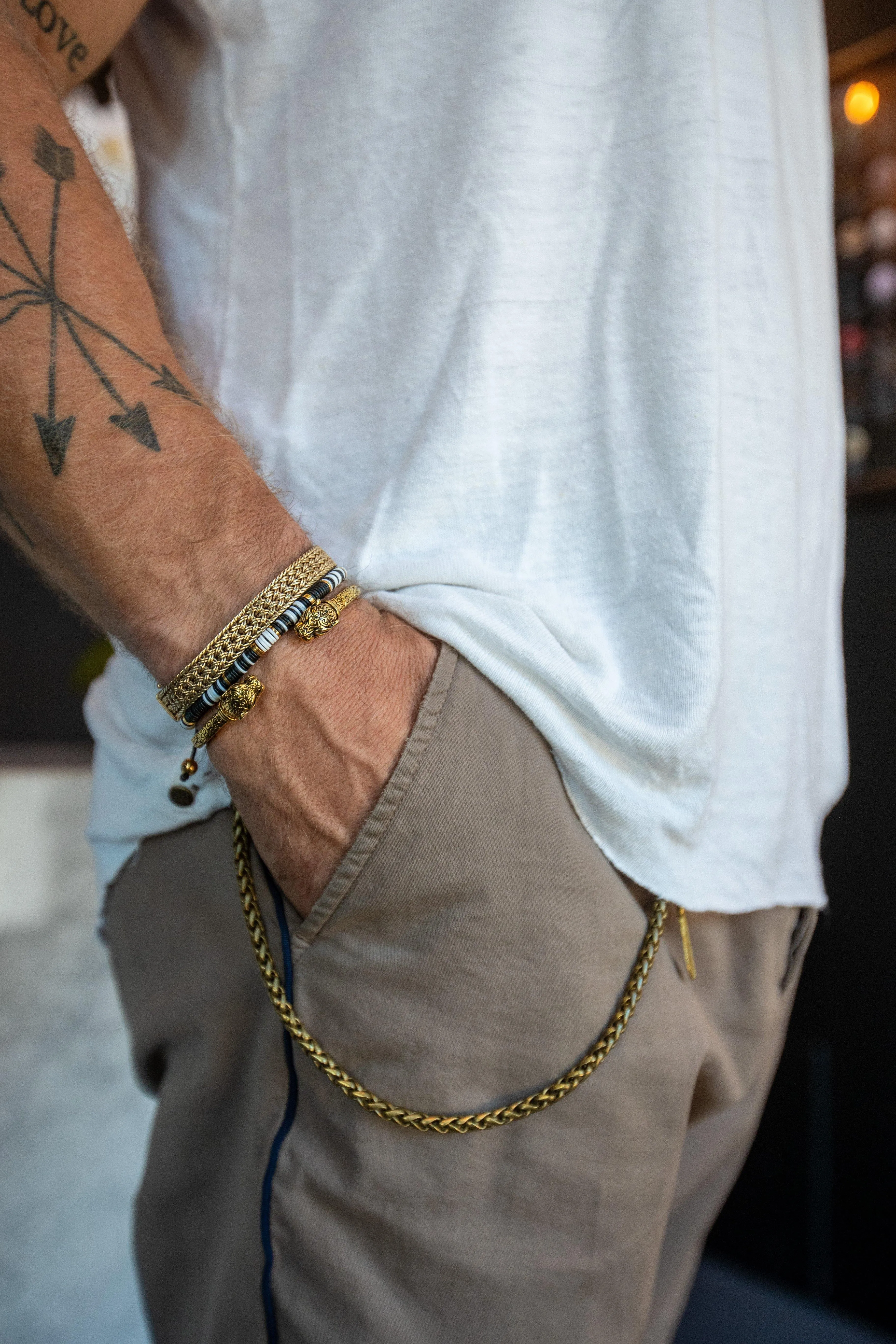 Men's Beaded Bracelet with Black and White Disc Beads and Gold