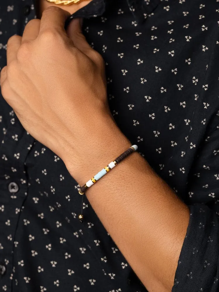 Men's Beaded Bracelet with Blue, Brown, Orange, White, and Gold Disc Beads