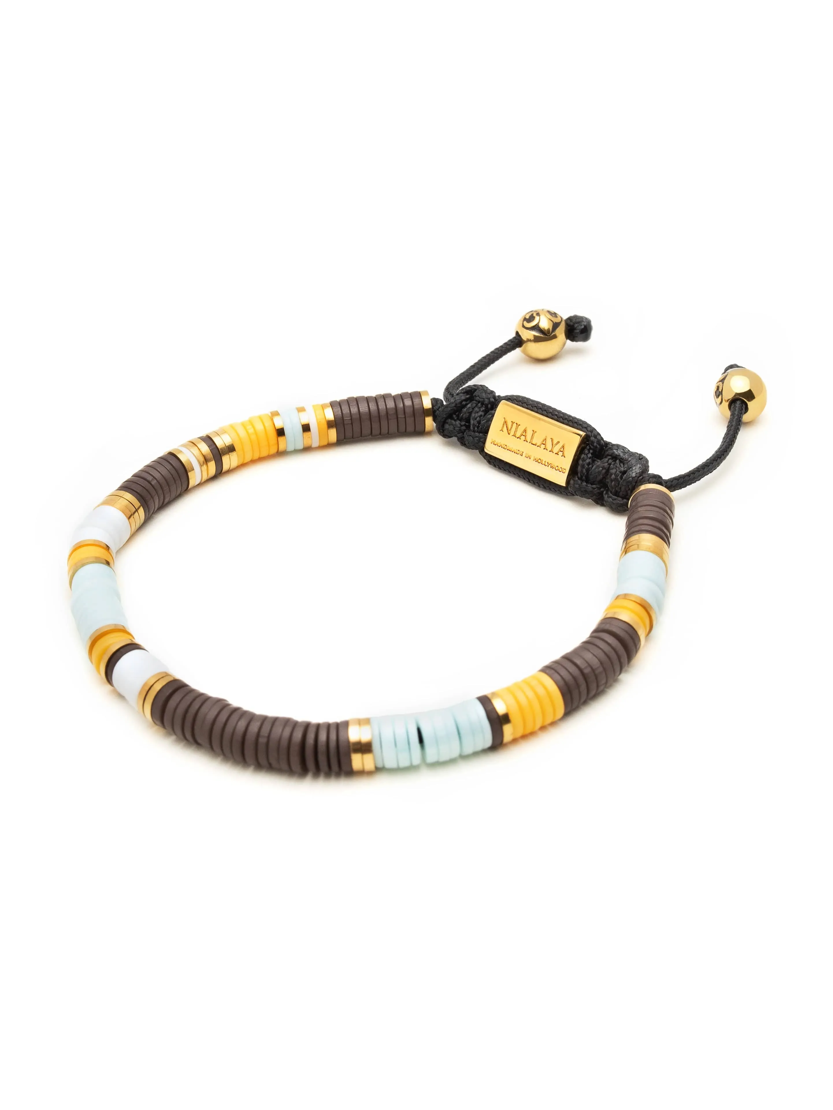 Men's Beaded Bracelet with Blue, Brown, Orange, White, and Gold Disc Beads