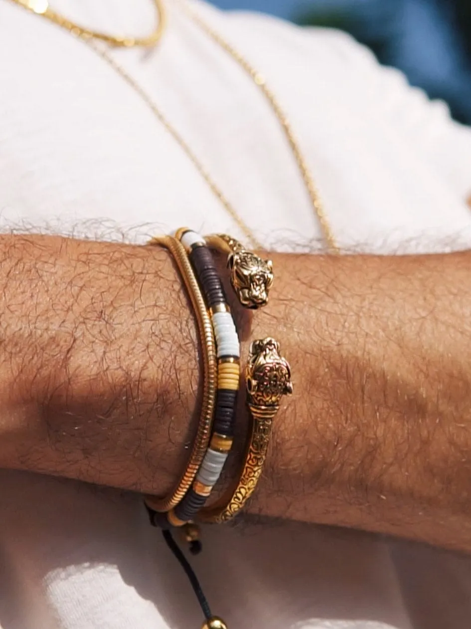 Men's Beaded Bracelet with Blue, Brown, Orange, White, and Gold Disc Beads