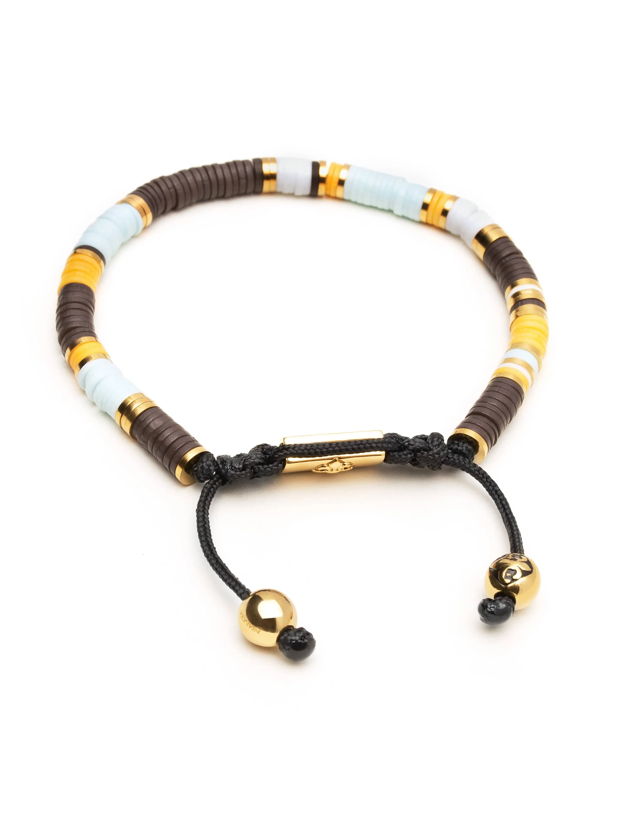 Men's Beaded Bracelet with Blue, Brown, Orange, White, and Gold Disc Beads