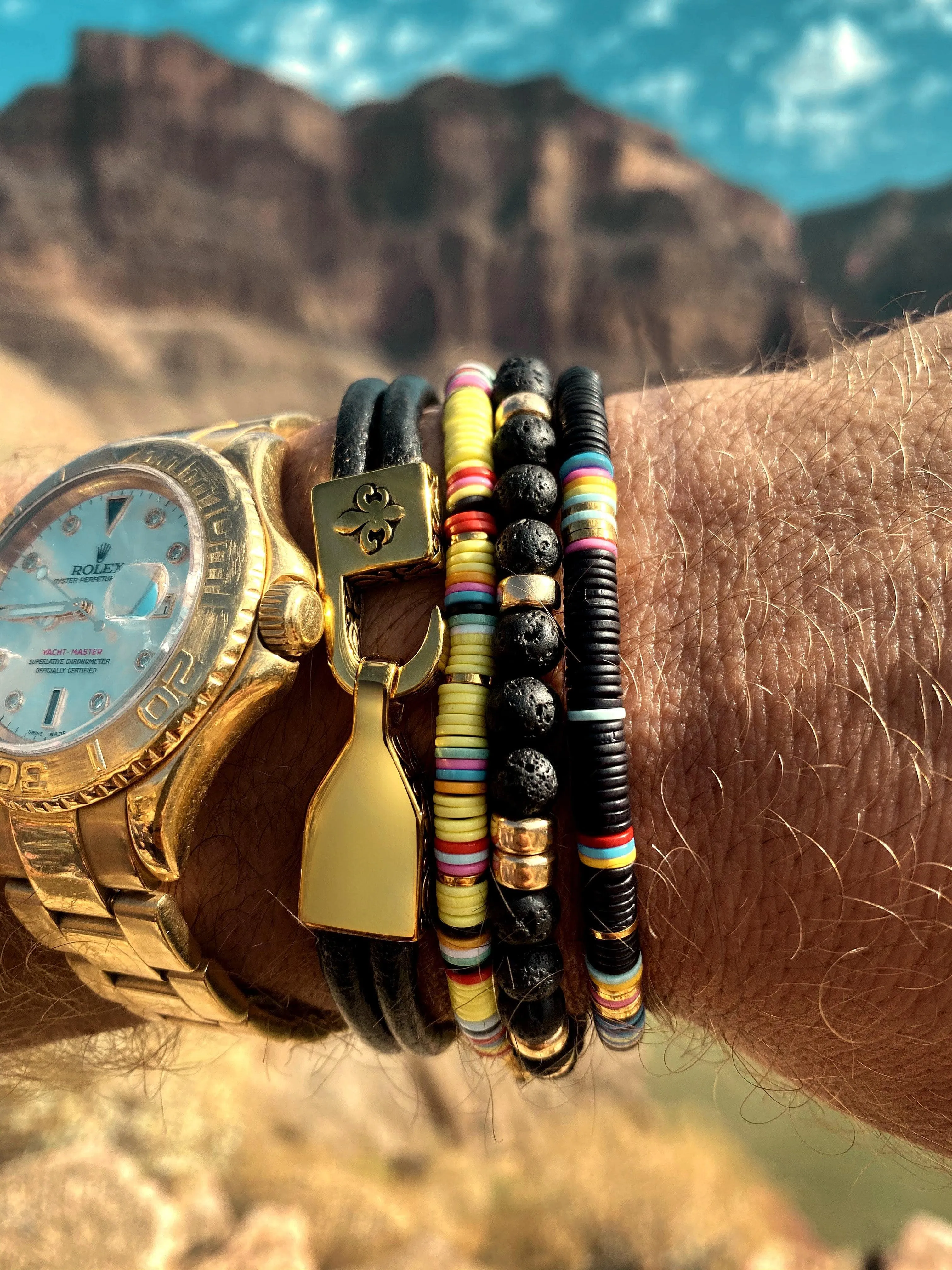 Men's Beaded Bracelet with Lemon Yellow Disc Beads and Gold