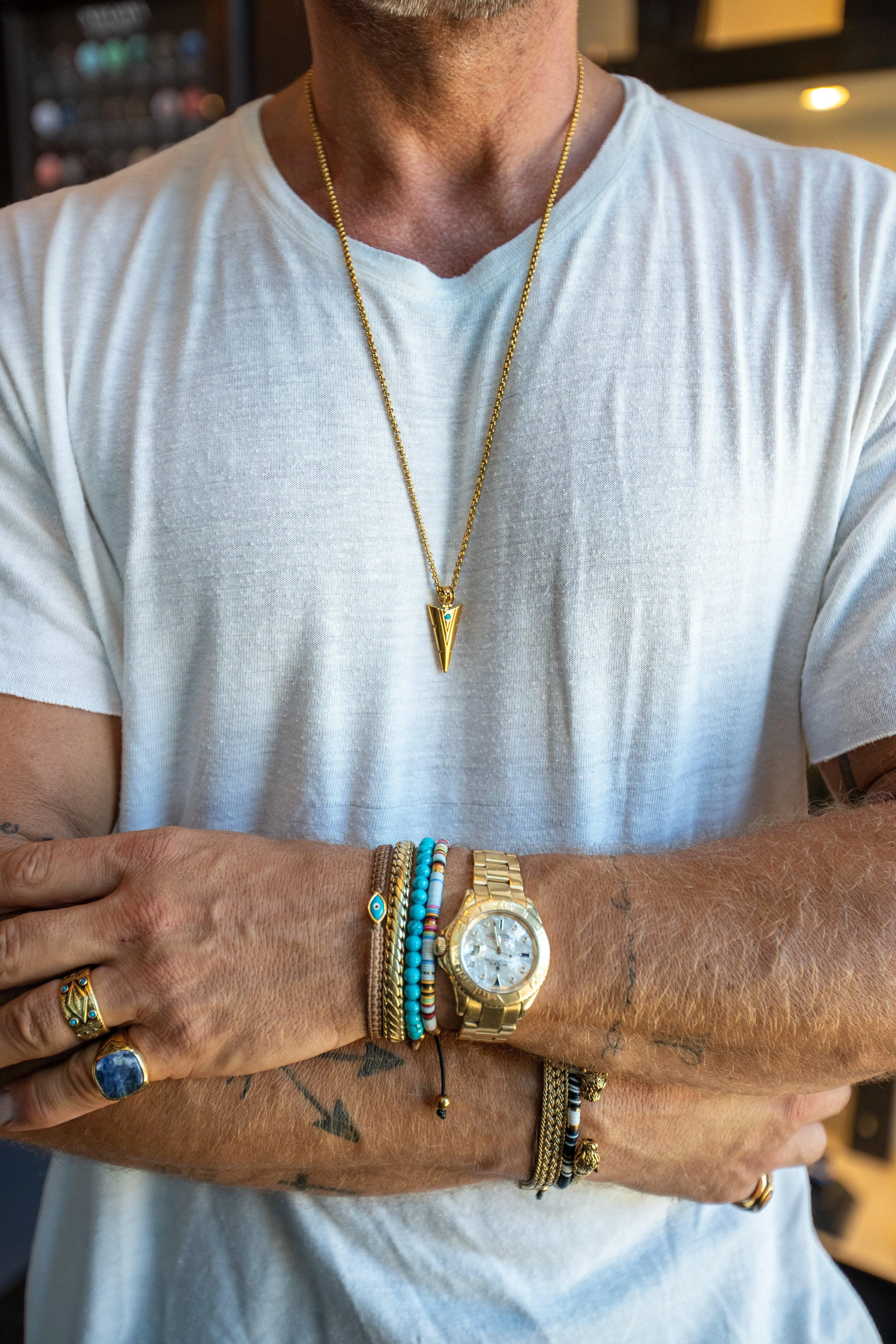Men's Beaded Bracelet with Light Blue Disc Beads and Gold