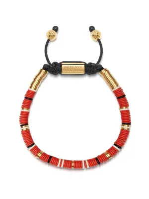 Men's Beaded Bracelet with Red, White and Gold Disc Beads