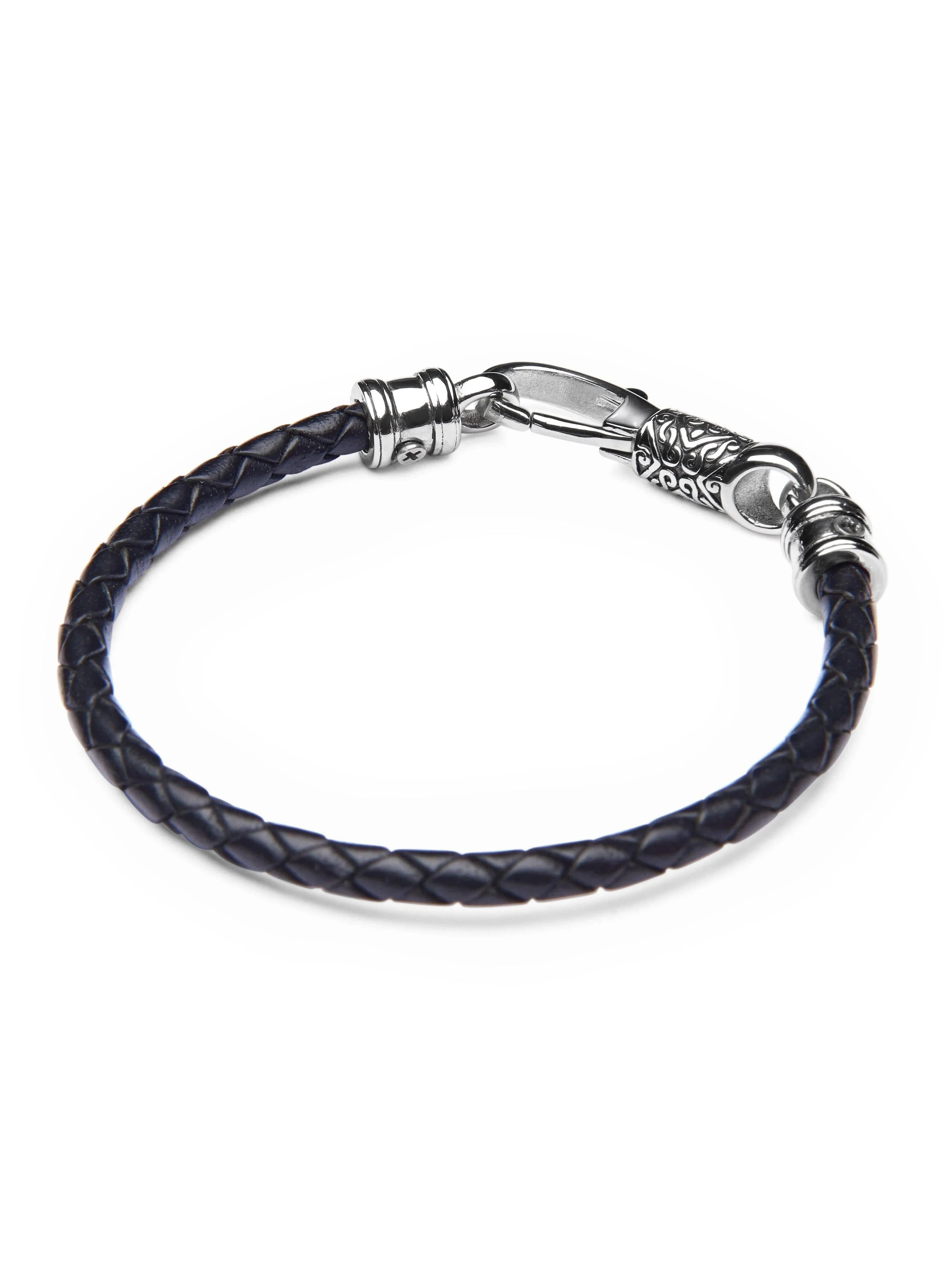 Men's Black Leather Bracelet with Silver Hook Clasp