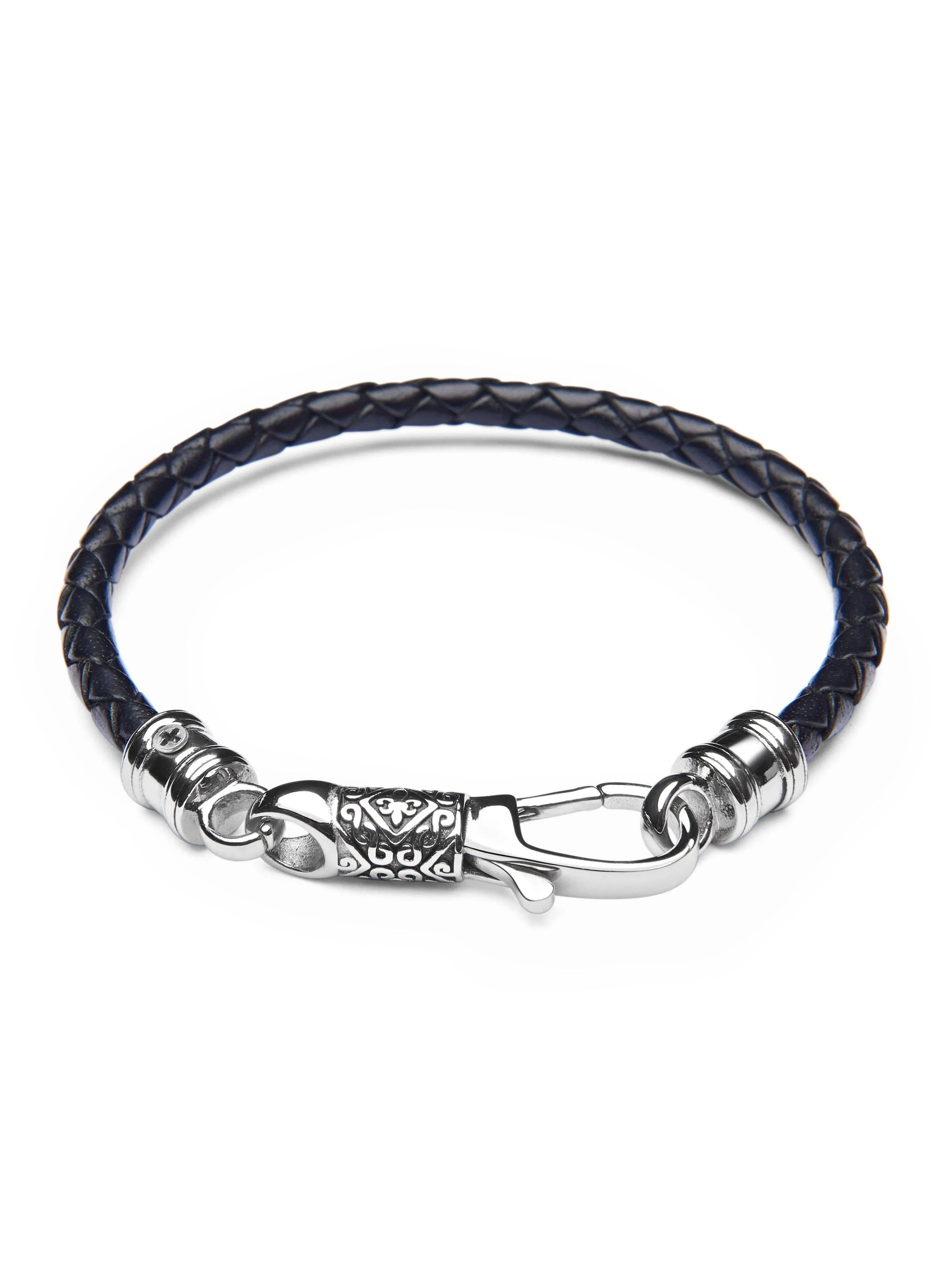Men's Black Leather Bracelet with Silver Hook Clasp