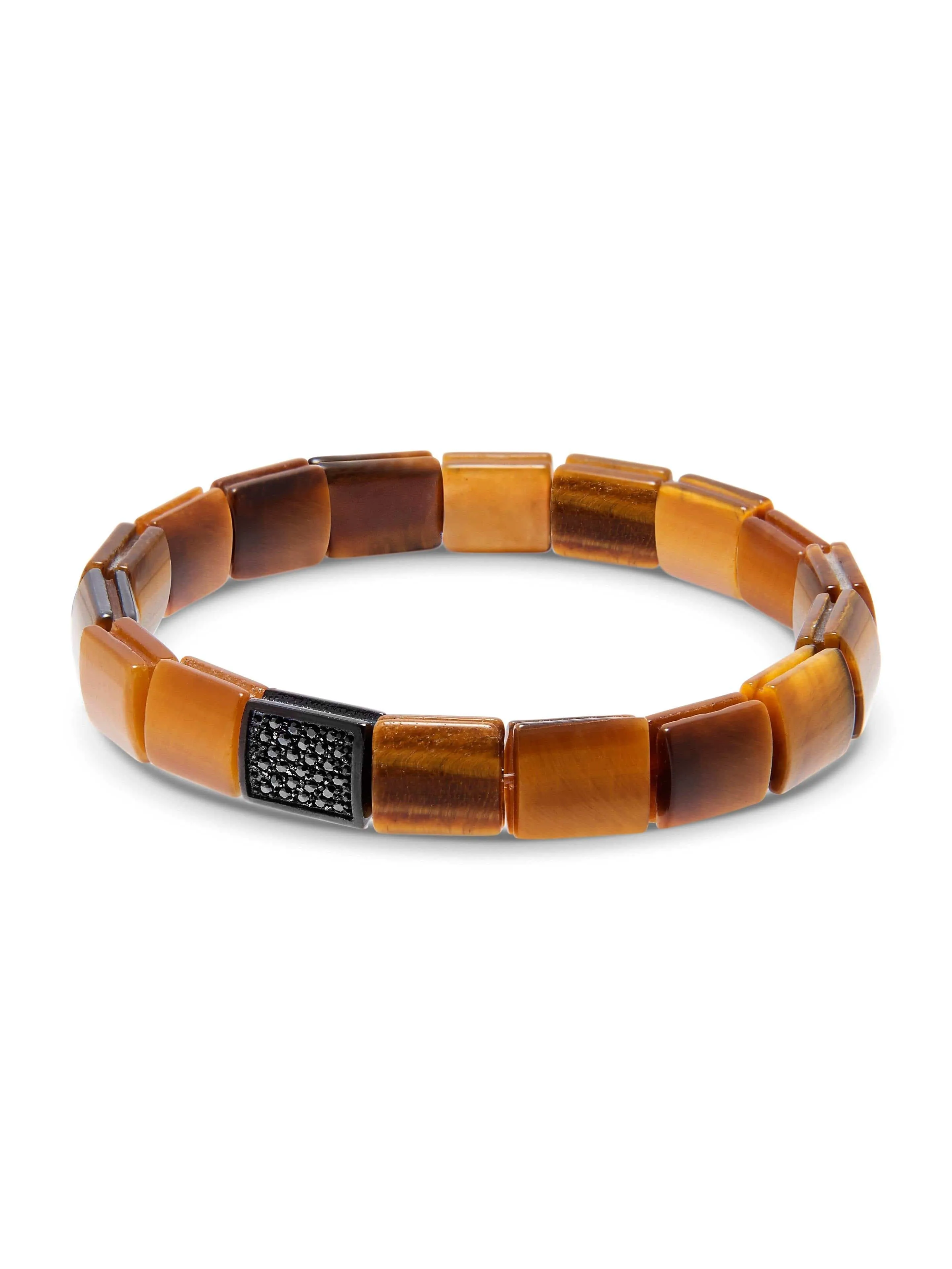 Men's Wristband with Brown Tiger Eye and Black CZ Diamond Flatbeads