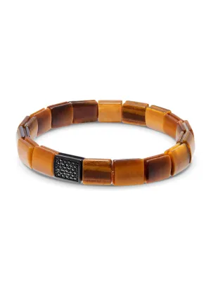 Men's Wristband with Brown Tiger Eye and Black CZ Diamond Flatbeads