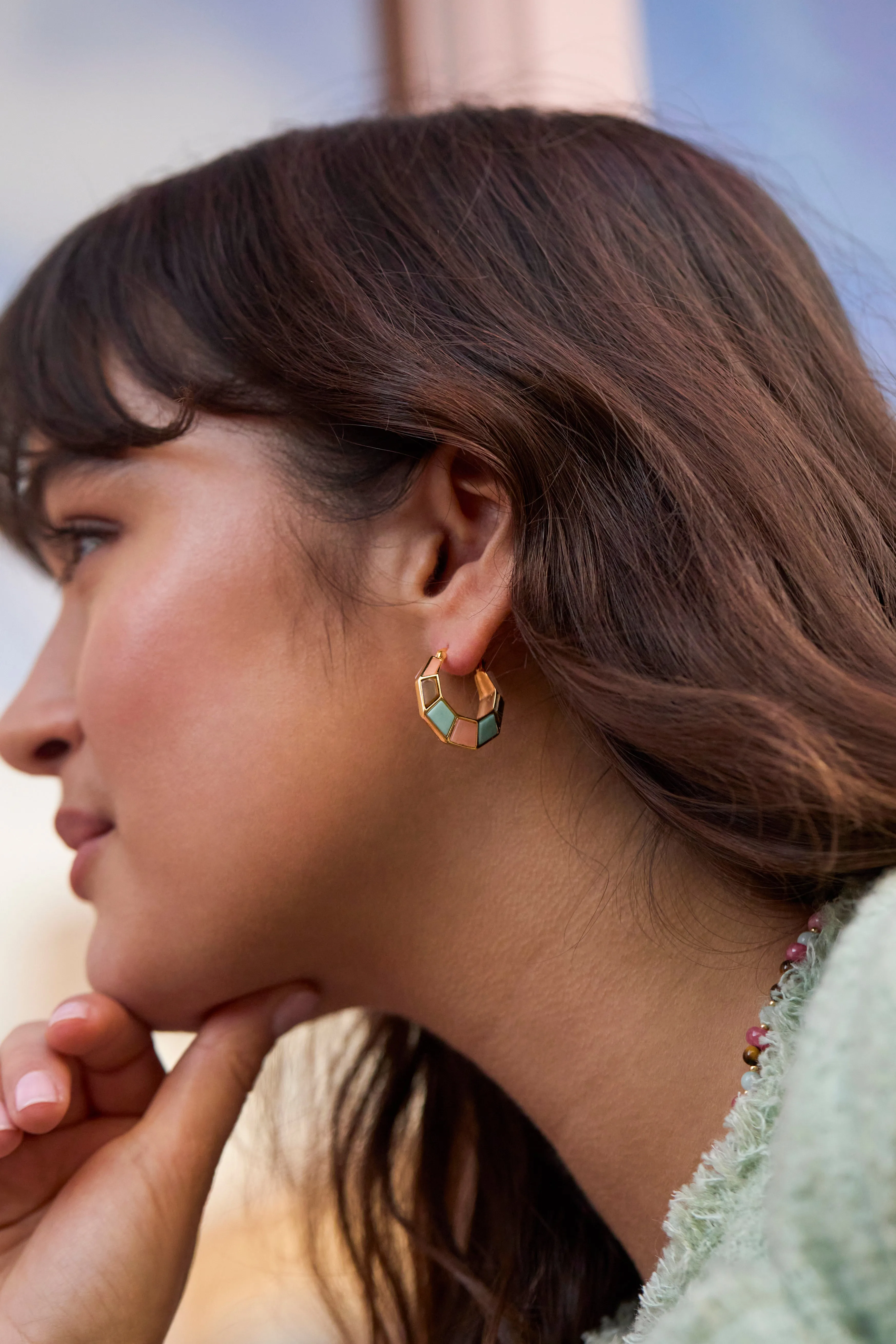 Mixed Gemstone Octagon Hinge Hoop Earrings