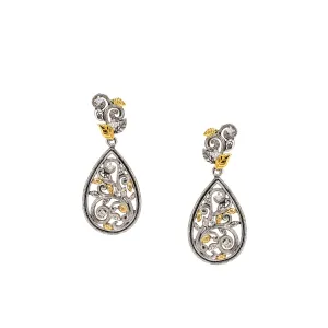 Silver And 10k Gold Tree of Life Drop Earrings - Cubic Zirconia