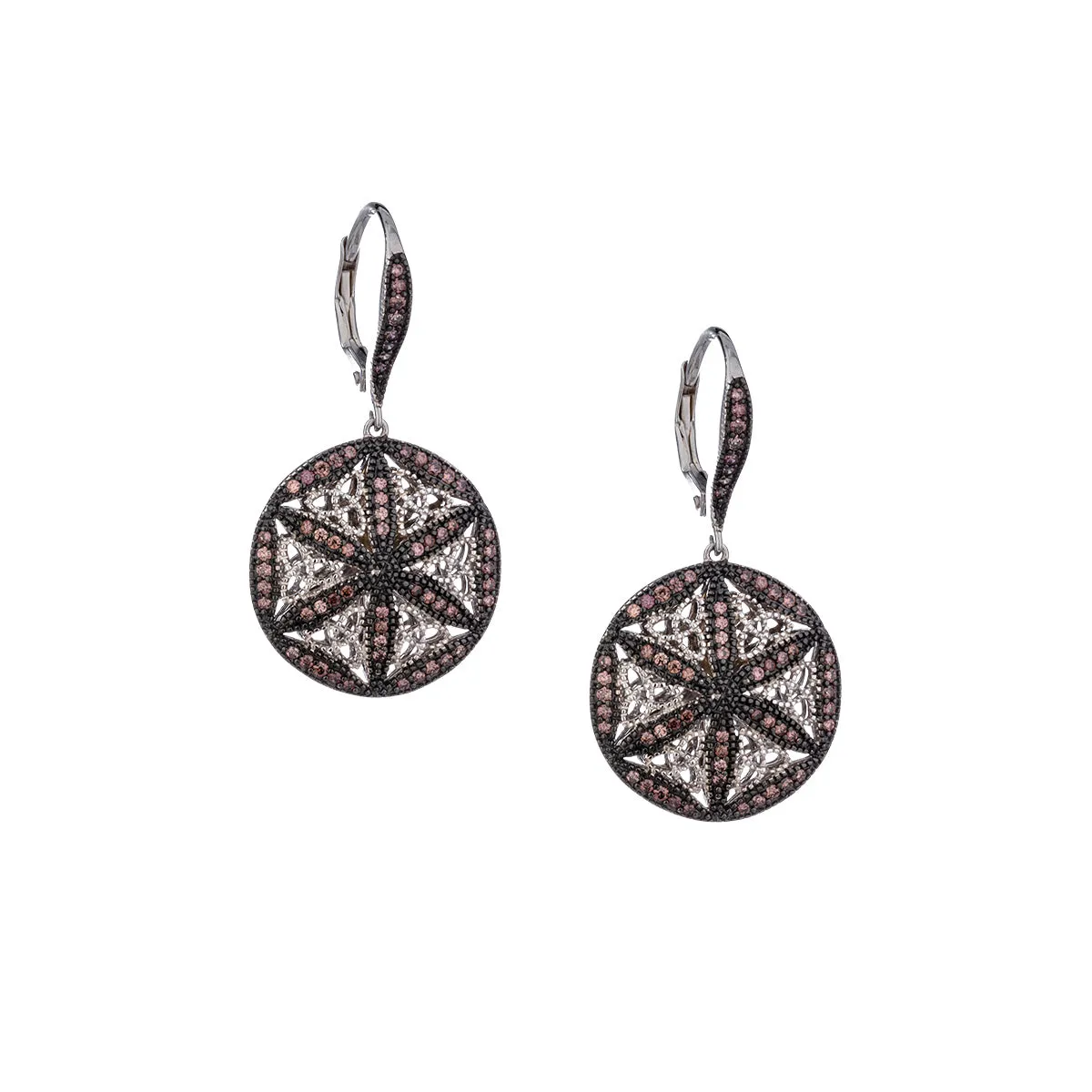 Silver Night & Day Round Hexagon Earrings