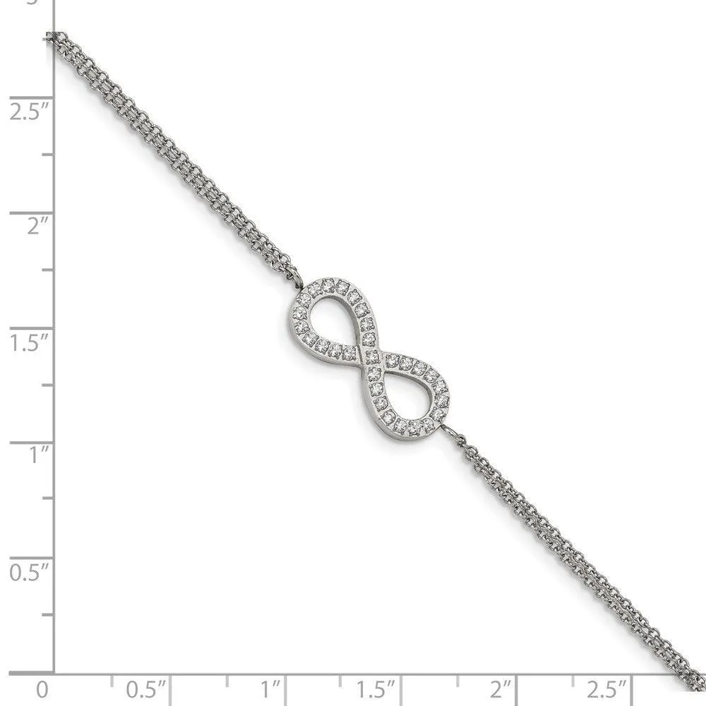 Stainless Steel Polished with CZ Infinity Symbol 6.25in w/2in ext. Bracelet