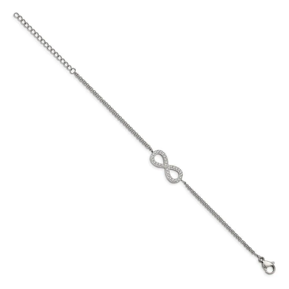 Stainless Steel Polished with CZ Infinity Symbol 6.25in w/2in ext. Bracelet
