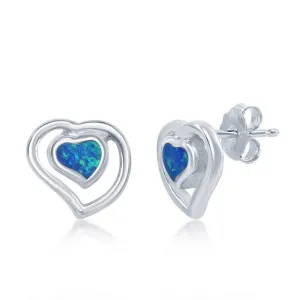 Sterling Silver Blue Opal Center Heart Earrings