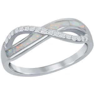 Sterling Silver CZ and White Inlay Opal Infinity Ring