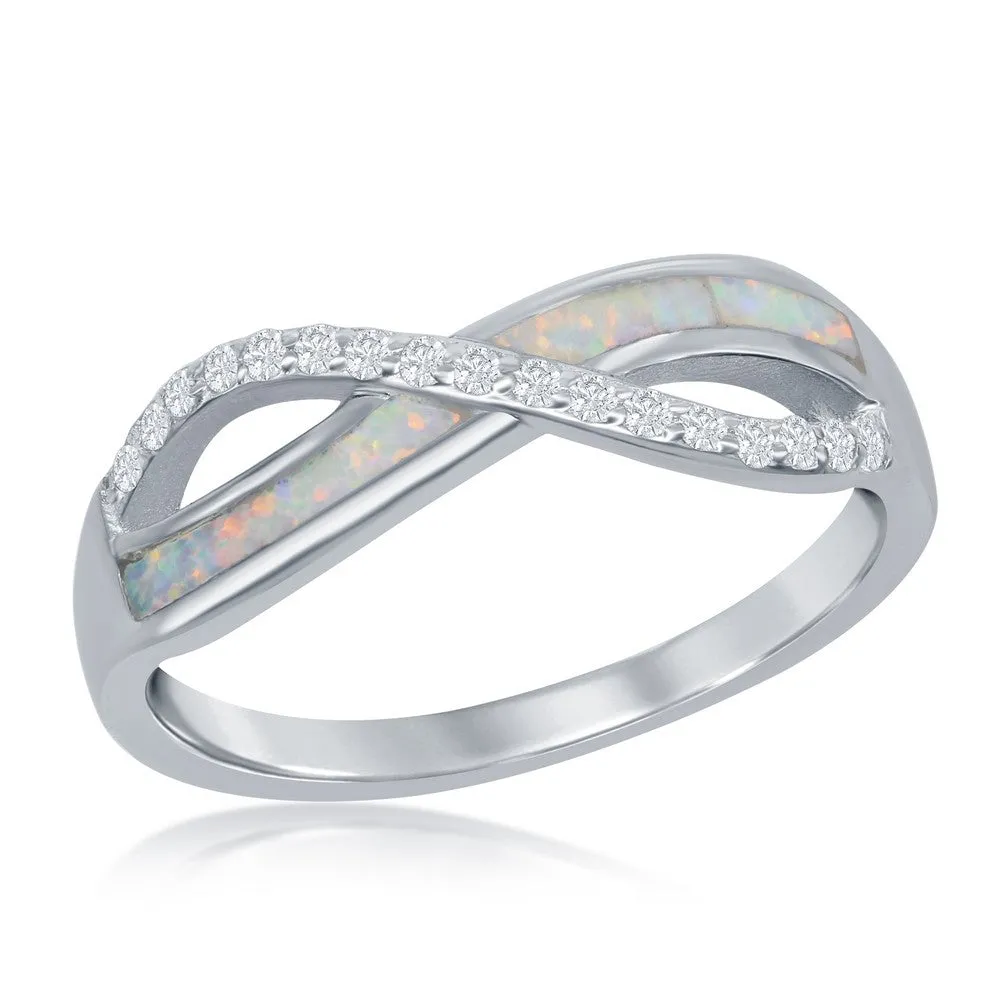 Sterling Silver CZ and White Inlay Opal Infinity Ring