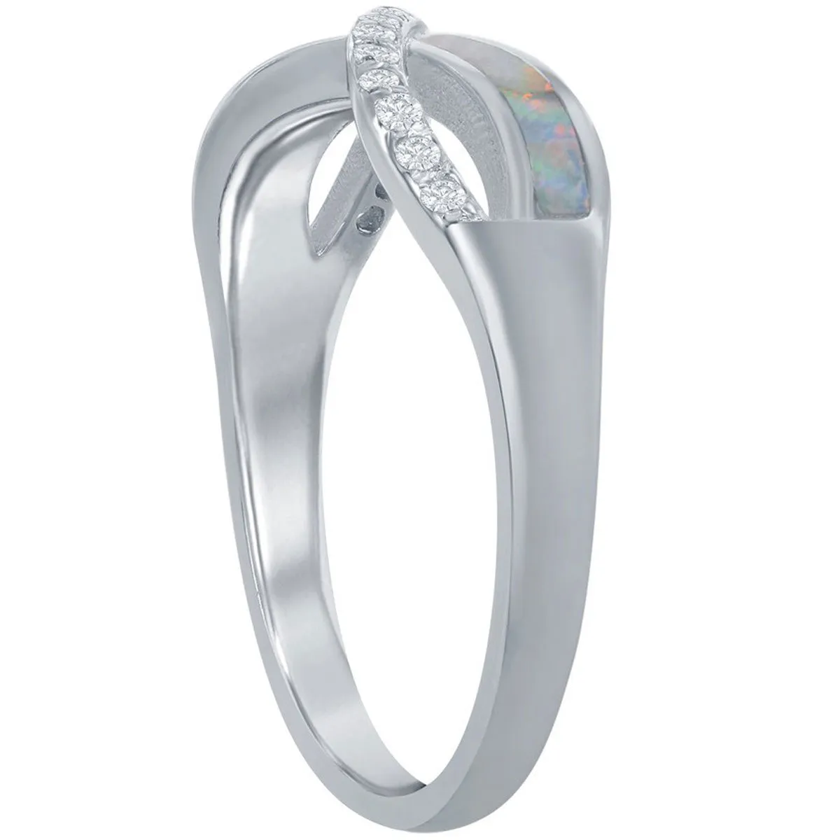 Sterling Silver CZ and White Inlay Opal Infinity Ring