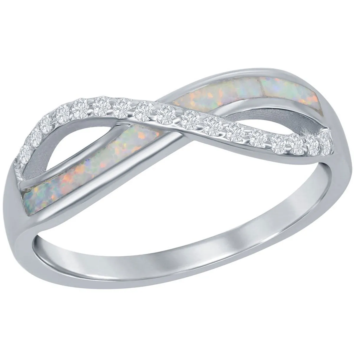 Sterling Silver CZ and White Inlay Opal Infinity Ring