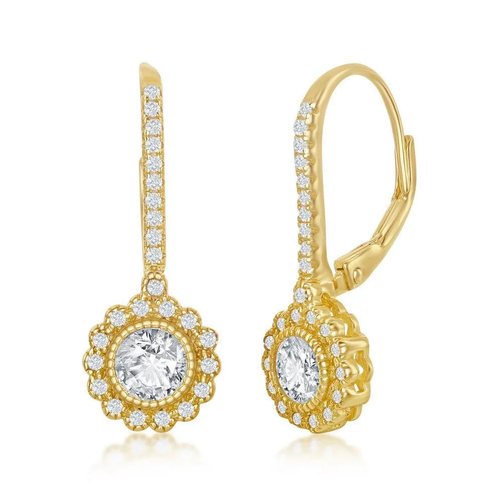 Sterling Silver CZ Flower Design Dangling Earrings - Gold Plated