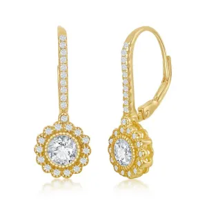 Sterling Silver CZ Flower Design Dangling Earrings - Gold Plated