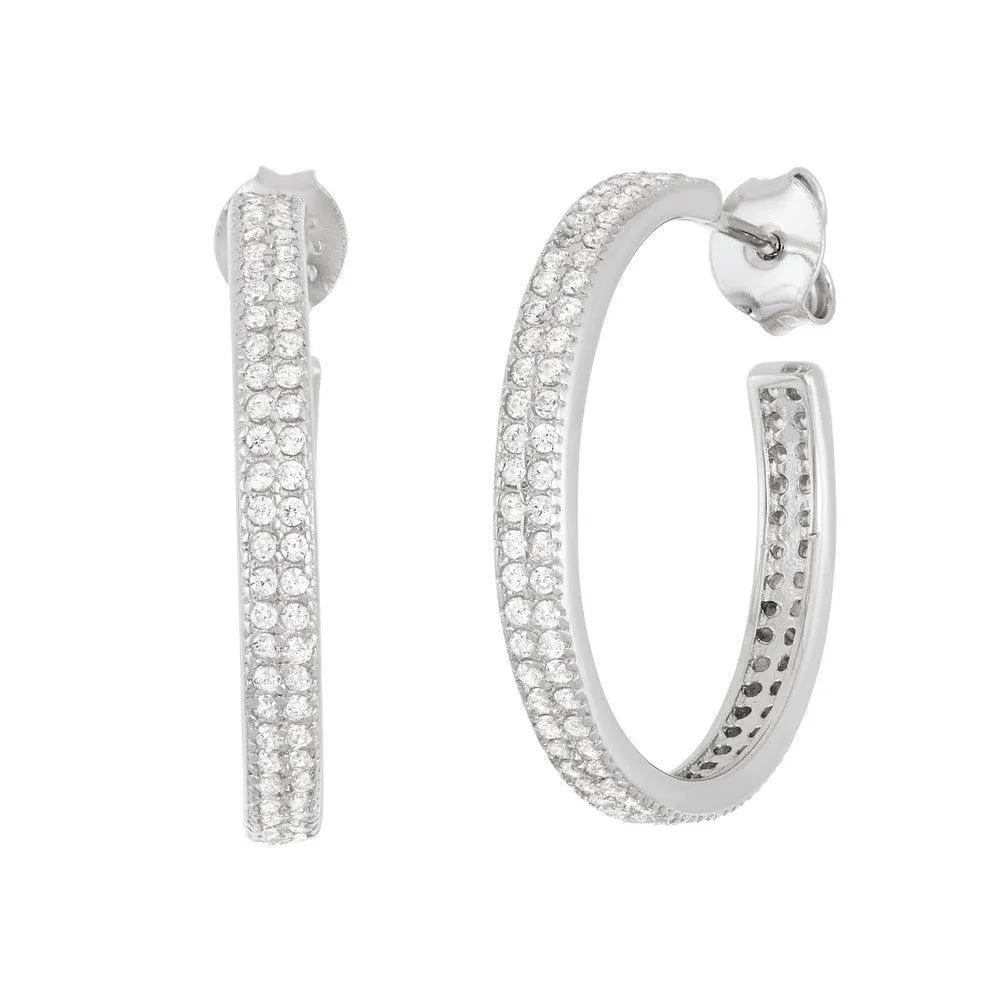 Sterling Silver Double Row 20mm CZ Hoop Earrings