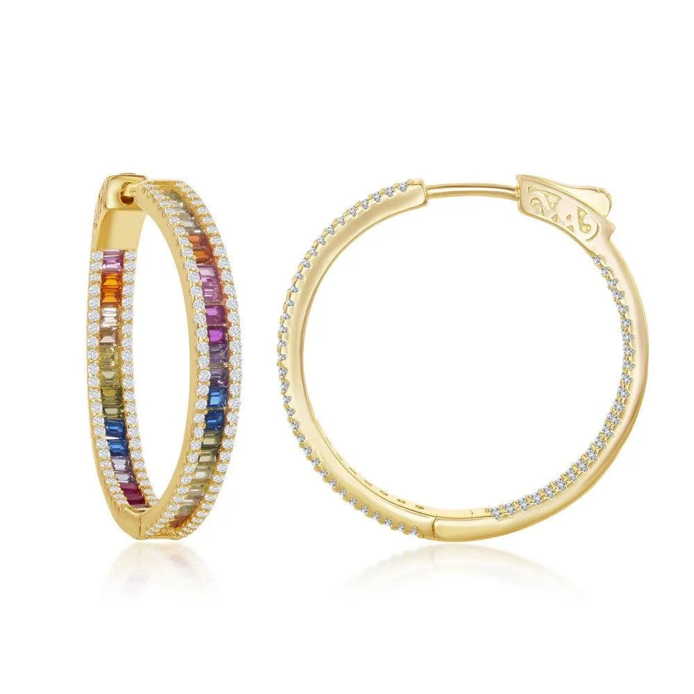 Sterling Silver Gold Plated 4x30mm Rainbow CZ Hoop Earrings