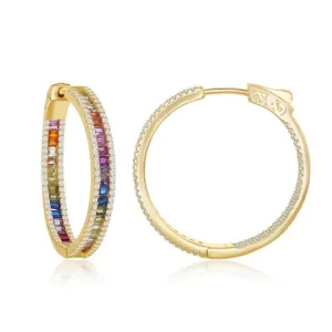 Sterling Silver Gold Plated 4x30mm Rainbow CZ Hoop Earrings