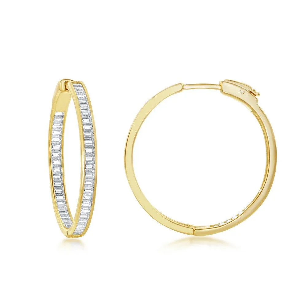 Sterling Silver Gold Plated Baguette CZ Earrings, 4 x 35 mm