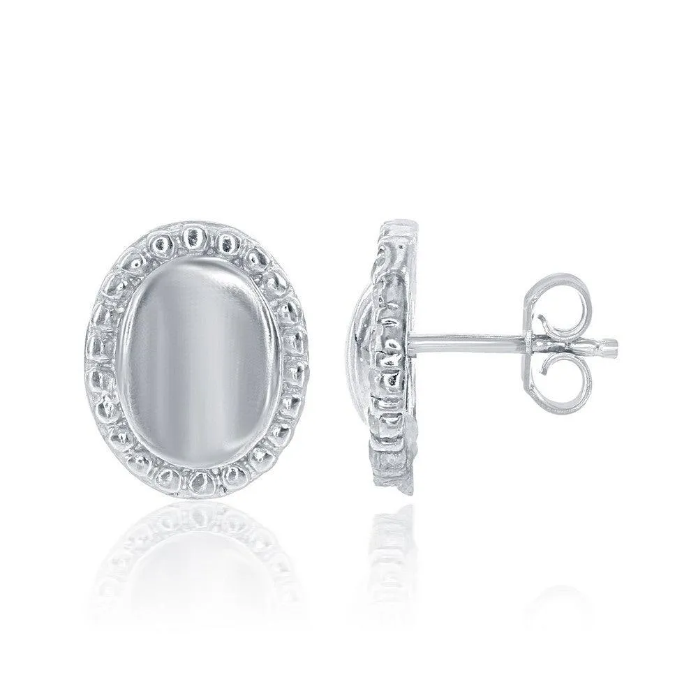 Sterling Silver Oval Beaded Border Stud Earrings